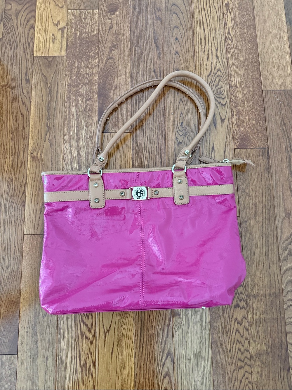 Marc Fisher Hot Pink Patent Tote with Tan Trim